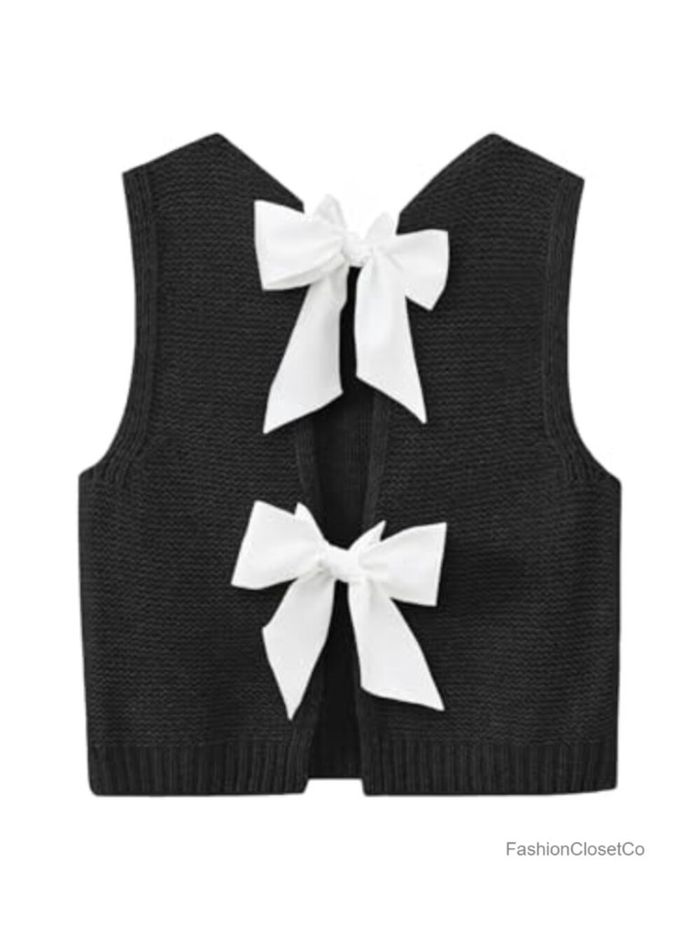 Womens Sweater Vest Bow Tie Back Casual Knit Crop Tank Top Sleeveless